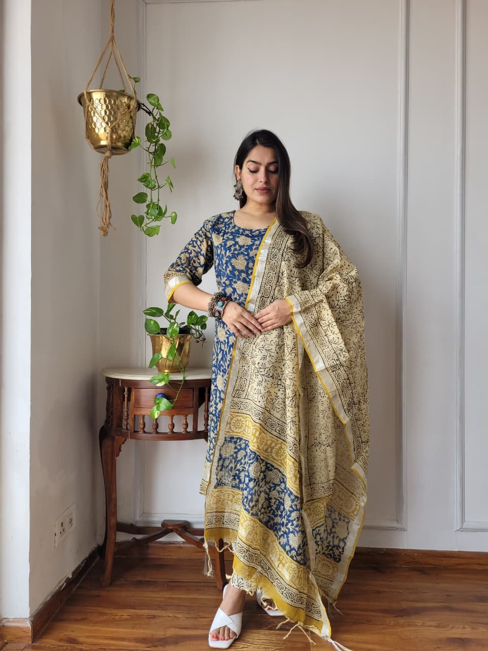 Blue Bagru Hand Block Printed Linen Suit Set